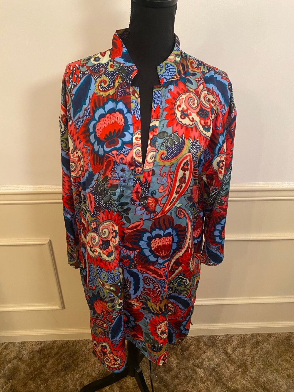 Natori Paisley Floral Print Blouse Long Tunic w Split Neckline Kimono Sleeves
